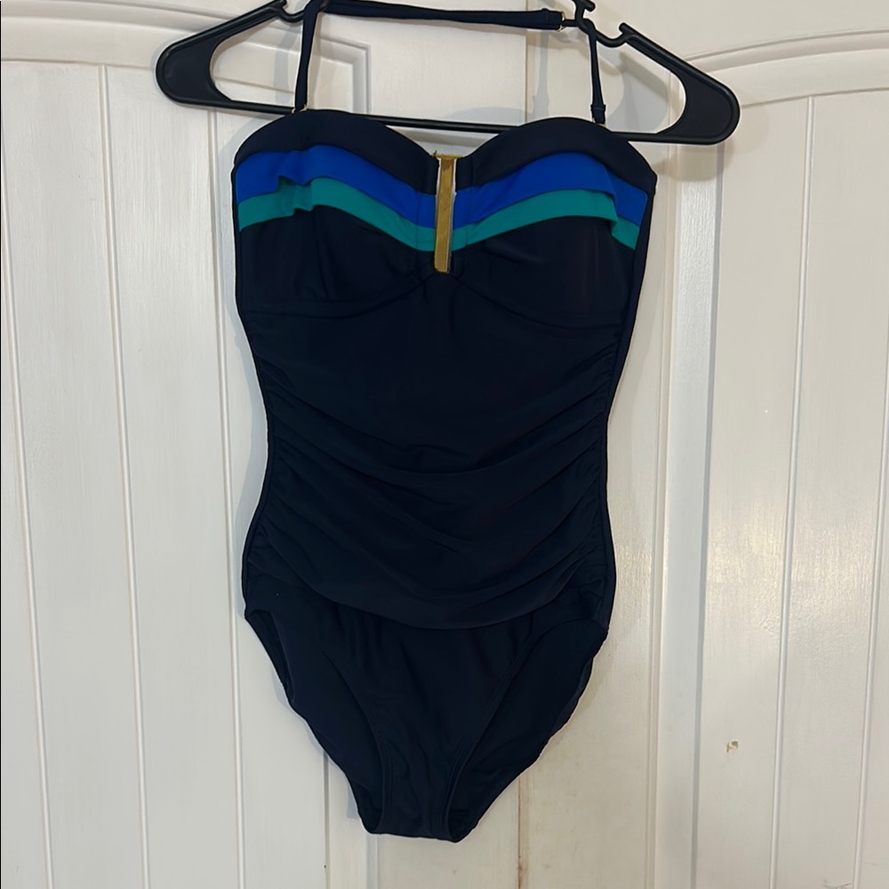 Elegant Black One-Piece Swimsuit with Blue and Green Accents